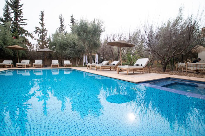 Piscine turquoise, oliveraies et vue Atlas : votre oasis marocaine.